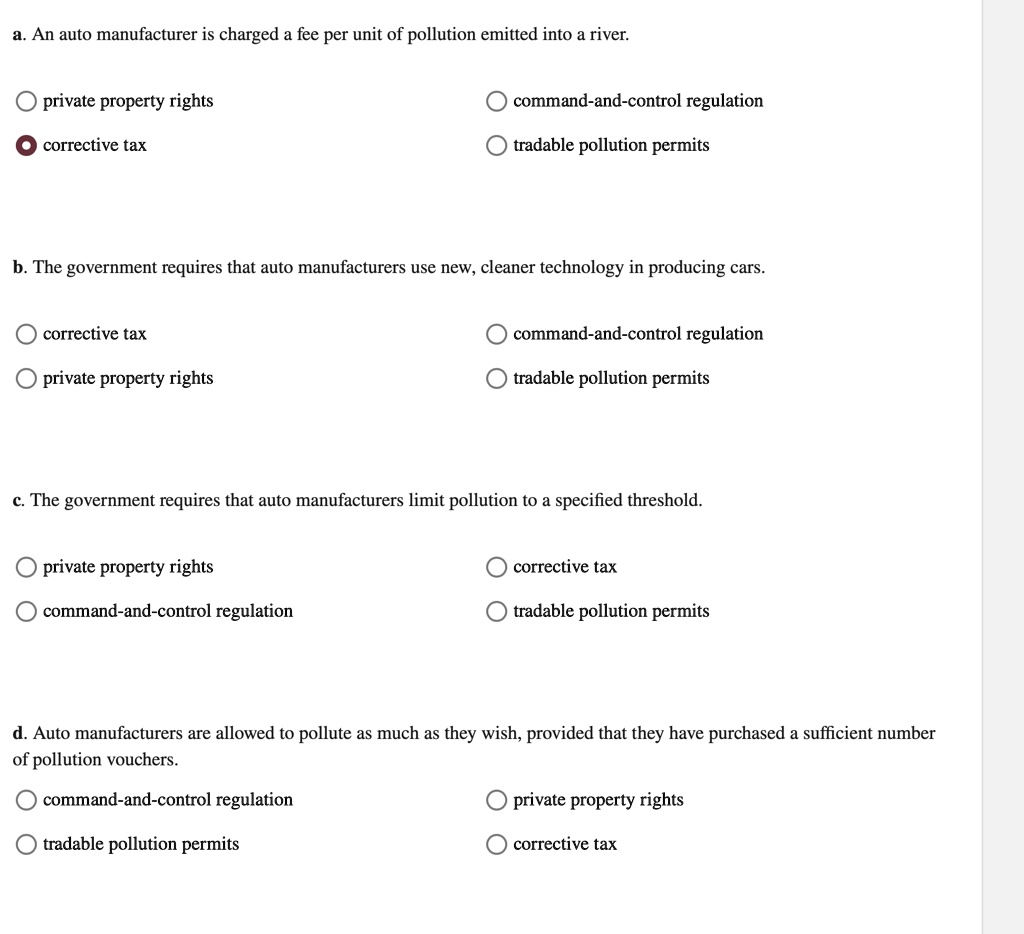 SOLVED: A. An Auto Manufacturer Is Charged A Fee Per Unit Of Pollution ...