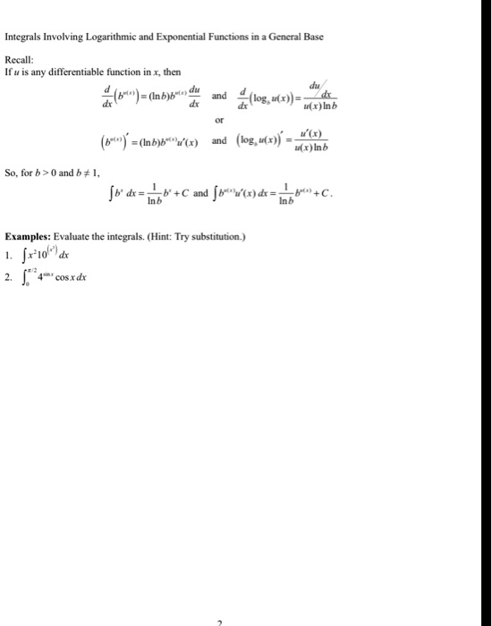 Solved Integrals Involving Logarithmic And Exponential Functions In Genral Base Recall Diferentiable Function In X Then 6 E In B Betn Log U R J Ulr Lnb Log U U Lnb 6 Inb B U X So For B