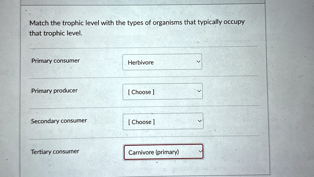 Match the trophic level with the types of organisms that typically occupy that trophic level.
Primary consumer
Herbivore
Primary producer
[Choose]
Secondary consumer
[Choose]
Tertiary consumer
Carnivore (primary)