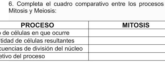 Solved 6 Completa El Cuadro Comparativo Entre Los Procesos De Mitosis