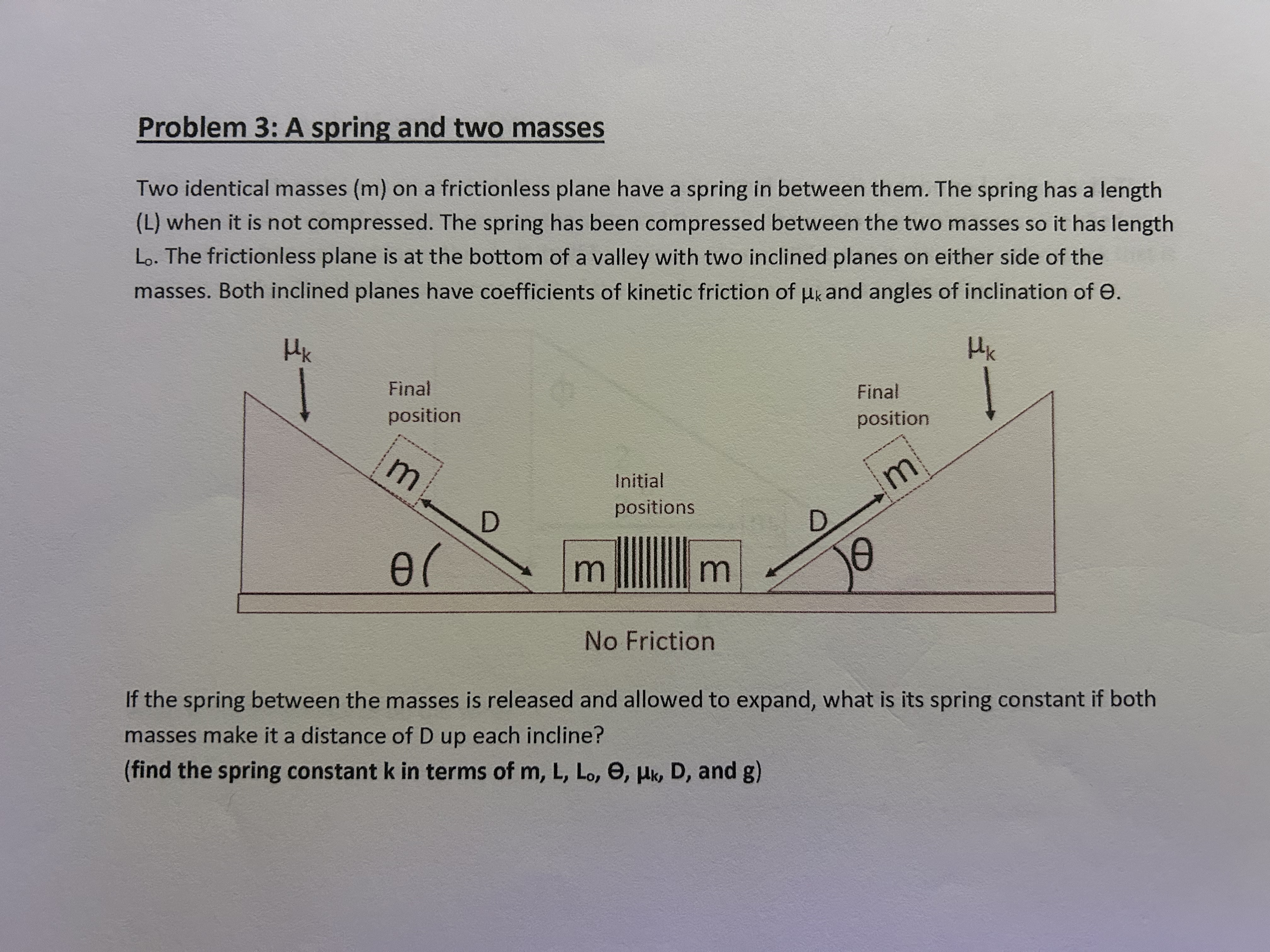 Problem 3: A spring and two masses
Two identical masses (m) on a frictionless plane have a spring in between them. The spring has a length (L) when it is not compressed. The spring has been compressed between the two masses so it has length Lo. The frictionless plane is at the bottom of a valley with two inclined planes on either side of the masses. Both inclined planes have coefficients of kinetic friction of ?k and angles of inclination of ?.
No Friction
If the spring between the masses is released and allowed to expand, what is its spring constant if both masses make it a distance of D up each incline?
(find the spring constant k in terms of m, L, Lo, ?, ?k, D, and g)