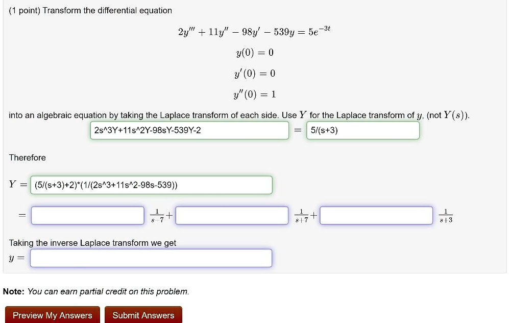 1 Point Transform The Differential Equation 2y” 11y” 98y 539y 5e 3t Y0 0 Y0 6893