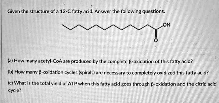 Given the structure of a 12-C fatty acid. Answer the following questions.
OH
O
(a) How many acetyl-CoA are produced by the complete ?-oxidation of this fatty acid?
(b) How many ?-oxidation cycles (spirals) are necessary to completely oxidized this fatty acid?
(c) What is the total yield of ATP when this fatty acid goes through ?-oxidation and the citric acid cycle?