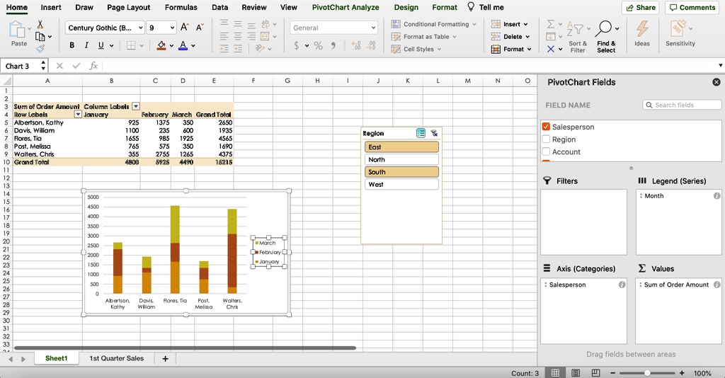 VIDEO solution 7. In the PivotChart Fields pane to the right, add