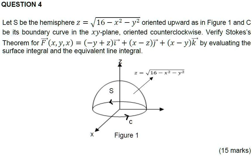 Solved Question 4 Let S Be The Hemisphere Z 16 X2 Y2 Oriented Upward As In Figure 1 And Be Its Boundary Curve In The Xy Plane Oriented Counterclockwise Verify Stokes S Theorem For