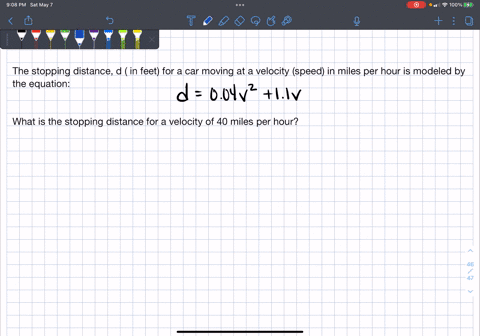 the-stopping-distance-d-in-feet-for-a-car-moving-at-a-velocity-speed-v-miles-per-hour-is-modeled-by-the-equation-d-004-v-squared-11-v-what-is-the-stopping-distance-for-a-velocity-of-40-miles-18289