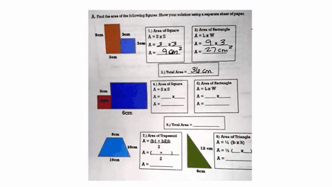 a-find-the-area-ol-the-following-hgures-show-your-solution-using-separata-phaol-ot-poper-1-area-ol-square-asxs-3cm-3-area-ol-rectangle-alxw-9cm-3cm-3cm-3-total-area-area-of-square-asxs-4-6-a-32333