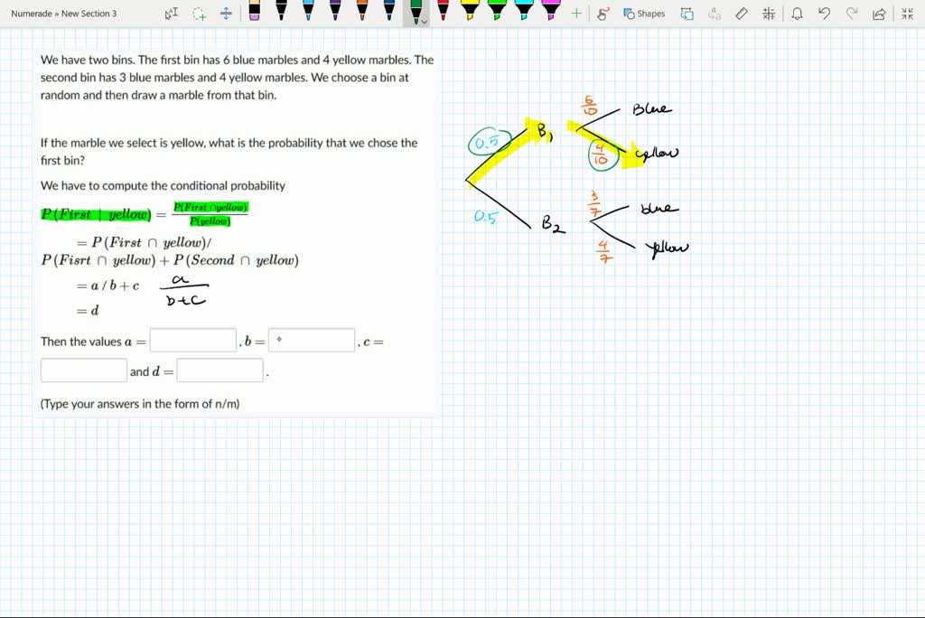 We have two bins. The first bin has 6 blue marbles and 4 yellow marbles