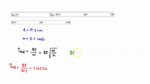 question-a-mass-is-pulled-193-cm-below-its-equilibrium-point-and-released-at-0-s-this-causes-it-to-undergo-simple-harmonic-motion-with-an-angular-frequency-570-rad-suppose-the-mass-now-doubl-88923