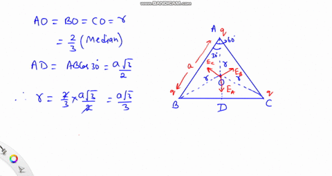 three-identical-point-charges-each-of-charge-9-are-located-at-the-vertices-of-an-equilateral-triangle-as-in-figure-below-the-distance-from-the-center-of-the-triangle-to-each-vertex-is-a-show-95232