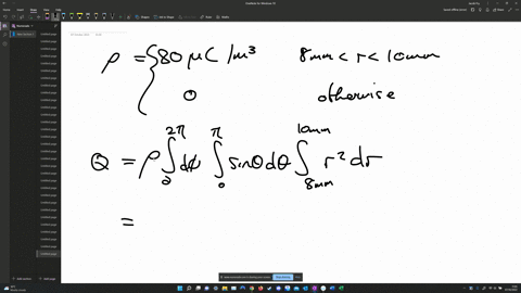 a-uniform-volume-charge-density-of-80-cm3-is-present-throughout-the-region-8mm-r-10mm-let-v-0-for-0-r-8mm-find-the-total-charge-inside-the-spherical-surface-r-10-mm-find-dr-at-r-10-mm-using-a-spherica
