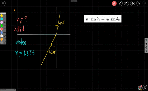 a-light-ray-is-passing-through-water-towards-the-boundary-with-a-transparent-solid-at-an-angle-of-564-the-light-refracts-into-the-solid-at-an-angle-of-refraction-of-421-determine-the-index-of-refracti
