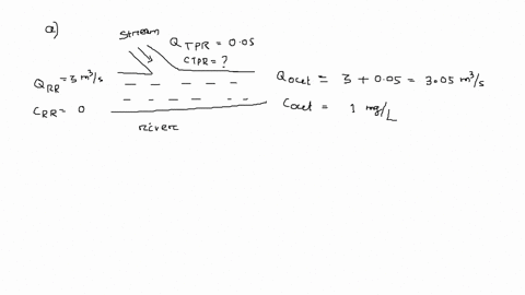 7-a-river-has-a-flow-rate-of-3-m3s-a-pristine-stream-discharges-into-the-river-at-a-flow-rate-of-005-m3s-to-study-mixing-of-the-stream-and-the-river-a-conservative-tracer-is-to-be-added-to-t-70523