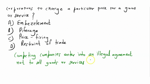 what-involves-the-agreement-on-the-part-of-multiple-corporations-to-charge-a-particular-price-for-a-good-or-service-a-embezzlement-b-pilferage-c-price-fixing-d-restraint-of-trade-78296