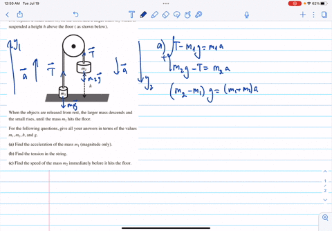 an-ideal-string-is-wrapped-around-massless-pulley-and-connected-to-two-objects-a-small-mass-m1-on-the-floor-and-larger-mass-mz-which-is-suspended-a-height-h-above-the-floor-as-shown-below-m2-53378