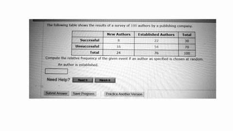 the-following-table-shows-the-results-of-a-survey-of-100-authors-by-publishing-company_-new-authors-established-authors-22-total-successful-30-70-unsuccessful-16-54-total-24-76-100-compute-t-65537