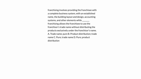 franchising-involves-providing-the-franchisee-with-a-complete-business-system-with-an-established-name-the-building-layout-and-design-accounting-systems-and-other-elements-while-________-franchising-a