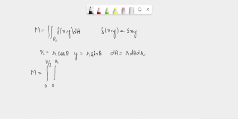 find-the-mass-and-the-center-of-gravity-of-the-lamina-a-lamina-with-density-xy-5xy-in-the-first-quadrant-and-bounded-by-the-circle-x2-y2-a2-and-the-coordinate-axes-55572