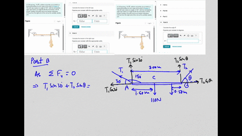 a-300-m-long-110-n-uniform-rod-at-the-zoo-is-held-in-a-horizontal-position-by-two-ropes-at-its-ends-in-figure-1-the-left-rope-makes-an-angle-of-150circ-with-the-rod-and-the-right-rope-makes-an-angle-t