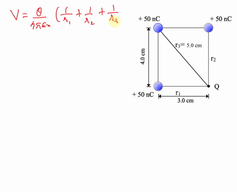 three-50-nc-charges-are-placed-at-three-corners-of-a-rectangle-of-dimensions-30-cm-by-40-cm-as-shown-below-not-to-scale-the-electric-potential-at-point-q-located-at-the-4th-corner-is-given-b-89669