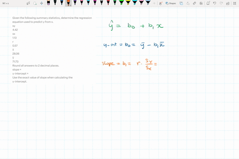 given-the-following-summary-statistics-determine-the-regression-equation-used-to-predict-y-from-x-sy-442-sx-113-r-057-x-2806-y-7173-round-all-answers-to-2-decimal-places-slope-y-intercept-us-05982