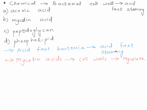 which-of-the-following-is-the-chemical-in-some-bacterial-cell-walls-that-makes-them-resist-decolorization-after-acid-fast-staninga-aceric-acidb-myclin-acidc-peptidoglycand-lipopolysaccharide-79523