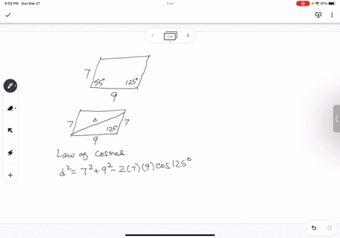 a-parallelogram-has-sides-of-lengths-9-and-7-and-one-angle-is-55-find-the-lengths-of-the-diagonals-round-your-answers-to-two-decimal-places-enter-your-answers-as-a-comma-separated-list