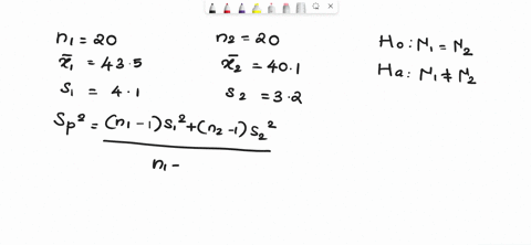 two-samples-each-of-size-20-are-taken-from-independent-populations-assumed-to-be-normally-distributed-with-equal-variances-the-first-sample-has-a-mean-of-435-and-standard-deviation-of-41-whi-01014