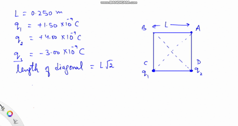 the-drawing-shows-squareeach-side-of-which-has-a-length-of-l-0250-m-two-different-positive-charges-41-and-92-are-fixed-at-the-corners-of-the-square-find-the-electric-potential-energy-of-a-th-09558