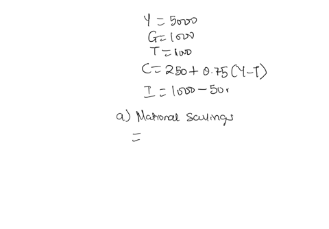 consider-an-economy-described-by-the-following-equations-y-c-i-g-y-5000-g-1000-t-1000-c-250-075-y-t-i-1000-50r-a-in-this-economy-compute-national-savings-b-find-equilibrium-interest-rate