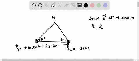 two-point-charges-are-located-at-two-of-the-corners-of-an-equilateral-triangle-as-shown-in-figure-if-q1-10-mc-20-ac-and-the-triangle-have-sides-of-25-cm-with-angle-of-602-draw-the-field-diag-28958