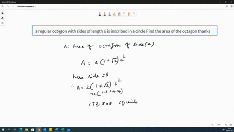 a-regular-octagon-with-sides-of-length-6-is-inscribed-in-a-circle-find-the-area-of-the-octagon-thanks-88287