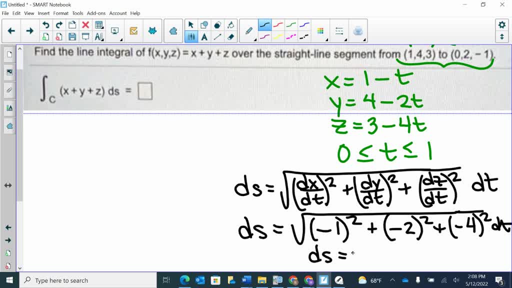 Find the line integral of f(x,y,z) = x+y +z over the straightline