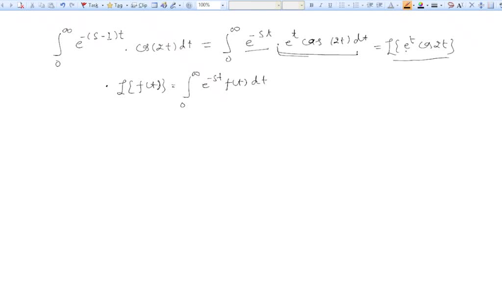 SOLVED: Evaluate the following definite integral: âˆ«e^(s-1)t cos(2t)dt ...