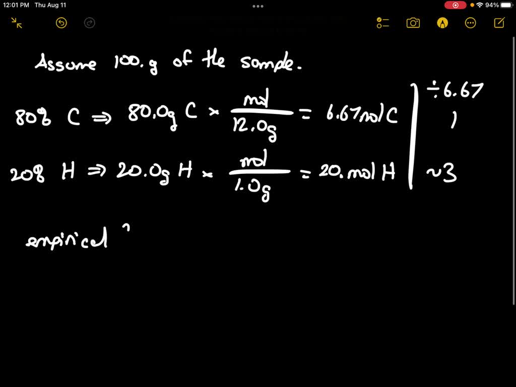 SOLVED: A compound is 80.0% carbon and 20.0% hydrogen by mass. Assume ...