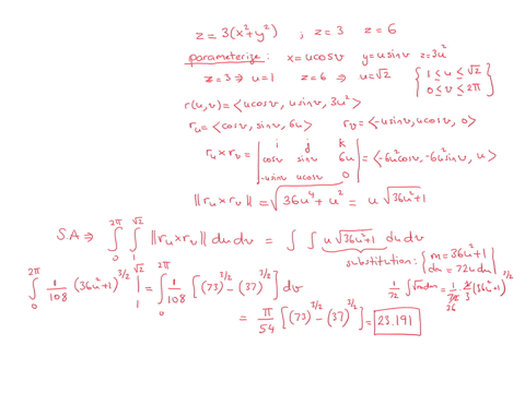 use-a-parametrization-to-express-the-area-of-the-surface-as-a-double-integral-then-evaluate-the-integral-the-portion-of-the-cone-z3x2y2-between-the-planes-z3-and-z-6-57877
