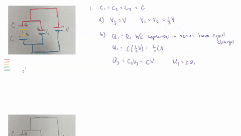 1-three-capacitors-c_1-c_2-and-c_3-are-arranged-as-above-connected-to-a-battery-v-and-charged-fully-if-you-assume-that-the-capacitance-of-the-three-capacitors-are-identical-c1-c2-mathrmc-3-a-what-volt