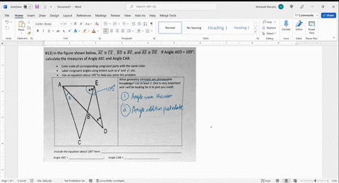 13-in-the-figure-shown-below-tc-cf-bd-be-and-ae-de-if-angle-aed-1059-calculate-the-measures-of-angle-aec-and-angle-cab-colar-code-all-corresponding-congruent-parts-wilh-the-sarne-calor-labcl-50285