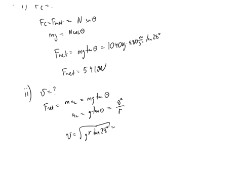 a-car-drives-on-a-banked-curve-as-shown_-mc-1040-kg-r-100-m-28-a-ignoring-friction-draw-the-free-body-diagram-of-the-car-2-points-b-i-the-car-is-moving-at-a-speed-such-that-it-does-not-move-15827