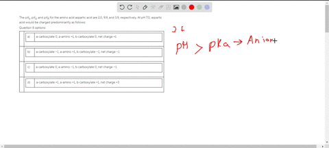 the-pk1-pk2-and-pkr-for-the-amino-acid-aspartic-acid-are-20-99-and-39-respectively-at-ph-70-aspartic-acid-would-be-charged-predominantly-as-follows-question-8-options-a-a-carboxylate-0-a-ami-51066