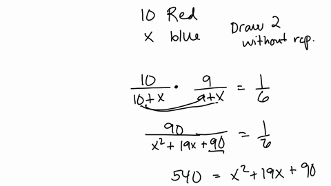 a-bag-contains-10-red-balls-and-an-unknown-number-of-blue-balls-you-randomly-draw-two-balls-from-the-bag-without-replacement-the-probability-of-drawing-two-red-balls-is-16-what-is-the-probability-of-d
