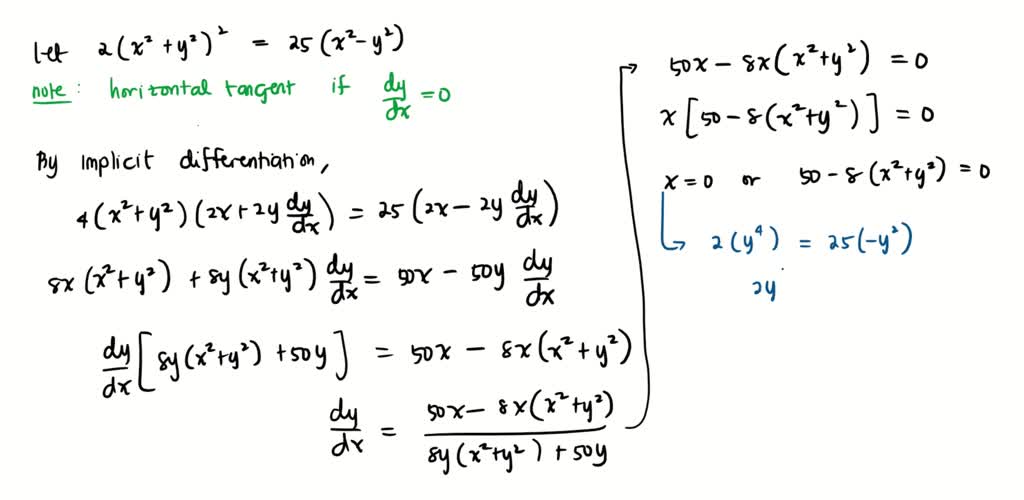Solved Find The Point In The First Quadrant On The Lemniscate 2 X 2 Y 2 2 25 X 2 Y 2 Where The Tangent Is Horizontal X 𝑦