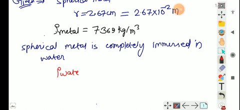 please-assist-a-small-sphere-made-of-metal-was-placed-in-water-10003-if-the-radius-of-the-sphere-was-267-cm-and-the-density-was-7369-kgm3-determine-the-buoyant-force-acting-on-the-sphere-sphere-volume