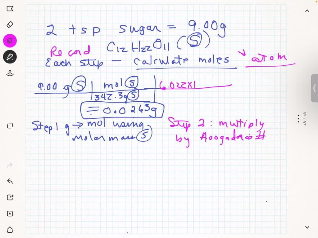 A sample of 2 tsp of sugar (C12H22O11) weighs 9.00 g. a. Record each
