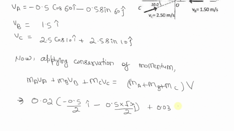 spheres-a-b-and-with-masses-002-kg-003-kg-and-005-ke-respectively-are-pproaching-thc-origin-as-the-slide-on-a-frictionless-air-table-the-approach-velocities-are-given-in-the-figure_-all-thre-28033