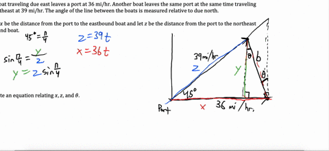 boat-leaves-pont-traveling-due-east-at-36-mi-hr-at-the-same-time-another-boat-leaves-the-same-port-traveling-northeast-at-39-mi-hr-the-angle-0-of-the-line-between-the-boats-is-measured-relat-68896