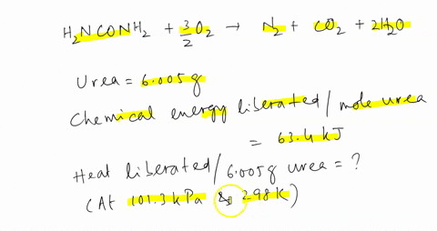 6005-g-urea-nh22co-was-burnt-in-excess-oxygen-at-1013-kpa-and-298-k-to-form-liquid-water-nitrogen-gas-and-carbon-dioxide-gas-the-chemical-energy-liberated-as-heat-was-634-kj-per-mole-of-urea-36533