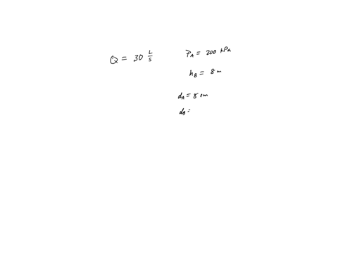 water-flows-through-the-pipe-at-the-rate-of-30ls-the-absolute-pressure-at-point-a-is-200-kpa-and-the-point-b-is-8-m-higher-than-point-a-the-lower-section-is-8-cm-and-narrows-down-to-5-cm-dia-85102
