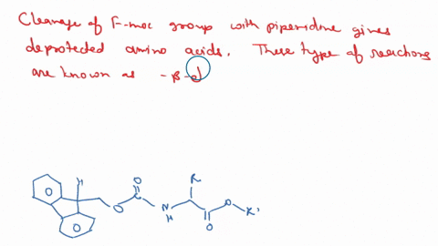 what-classes-of-reactions-are-involved-in-the-cleavage-of-the-fmoc-group-with-piperidine-leading-to-the-unprotected-amino-acid-and-the-fluorene-by-product-write-mechanisms-for-these-reaction-45864