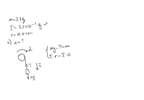 a-block-mass-23-kg-is-hanging-from-a-massless-cord-that-is-wrapped-around-a-pulley-moment-of-inertia-12-x-10-3-kgm2-as-the-figure-shows-initially-the-pulley-is-prevented-from-rotating-and-th-46195